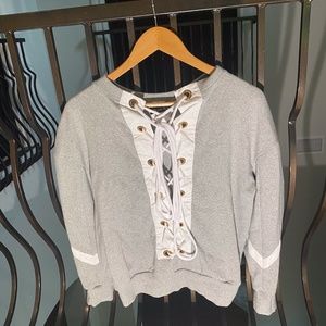 gray and white long sleeve string top